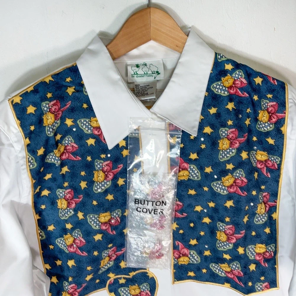 VTG 90s Quacker Factory NEW Cat Print Button Up Shirt Womens L Cat Lady Grandma